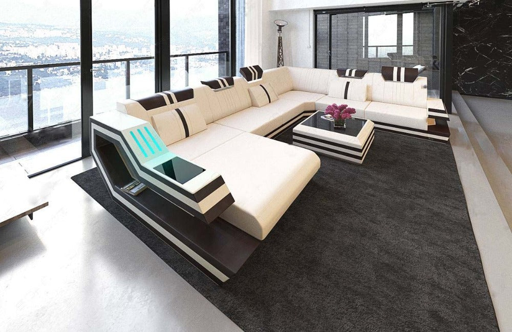 Mega Multi-functional Leather U-Shaped Sofa With LED & USB Port