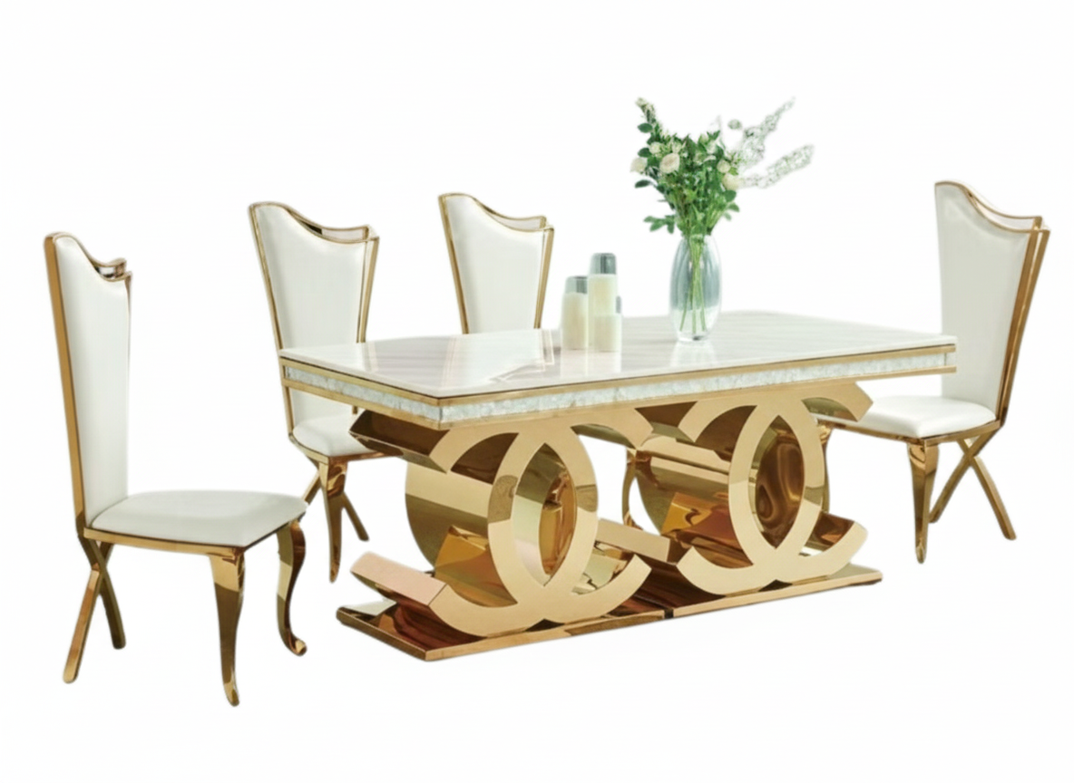 Gold Accent Marble Dining Set For 6