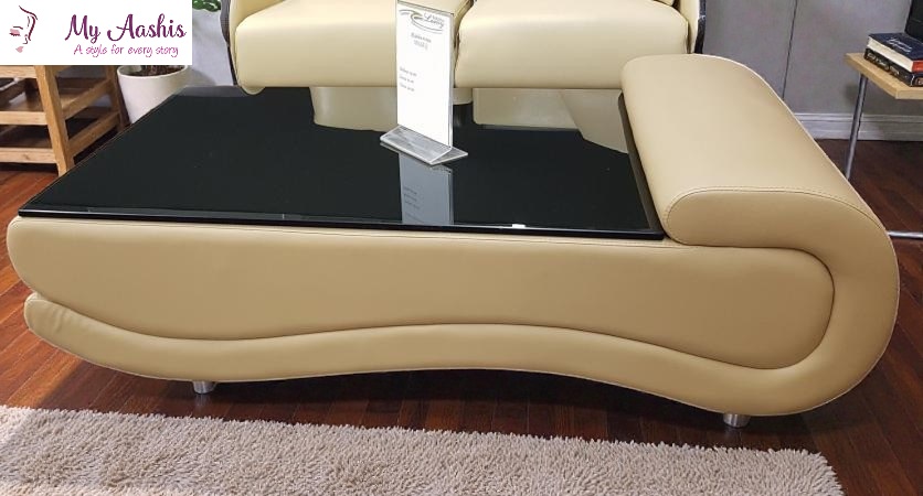 Unique Design Leather Coffee Table With Glass Table Top / My Aashis