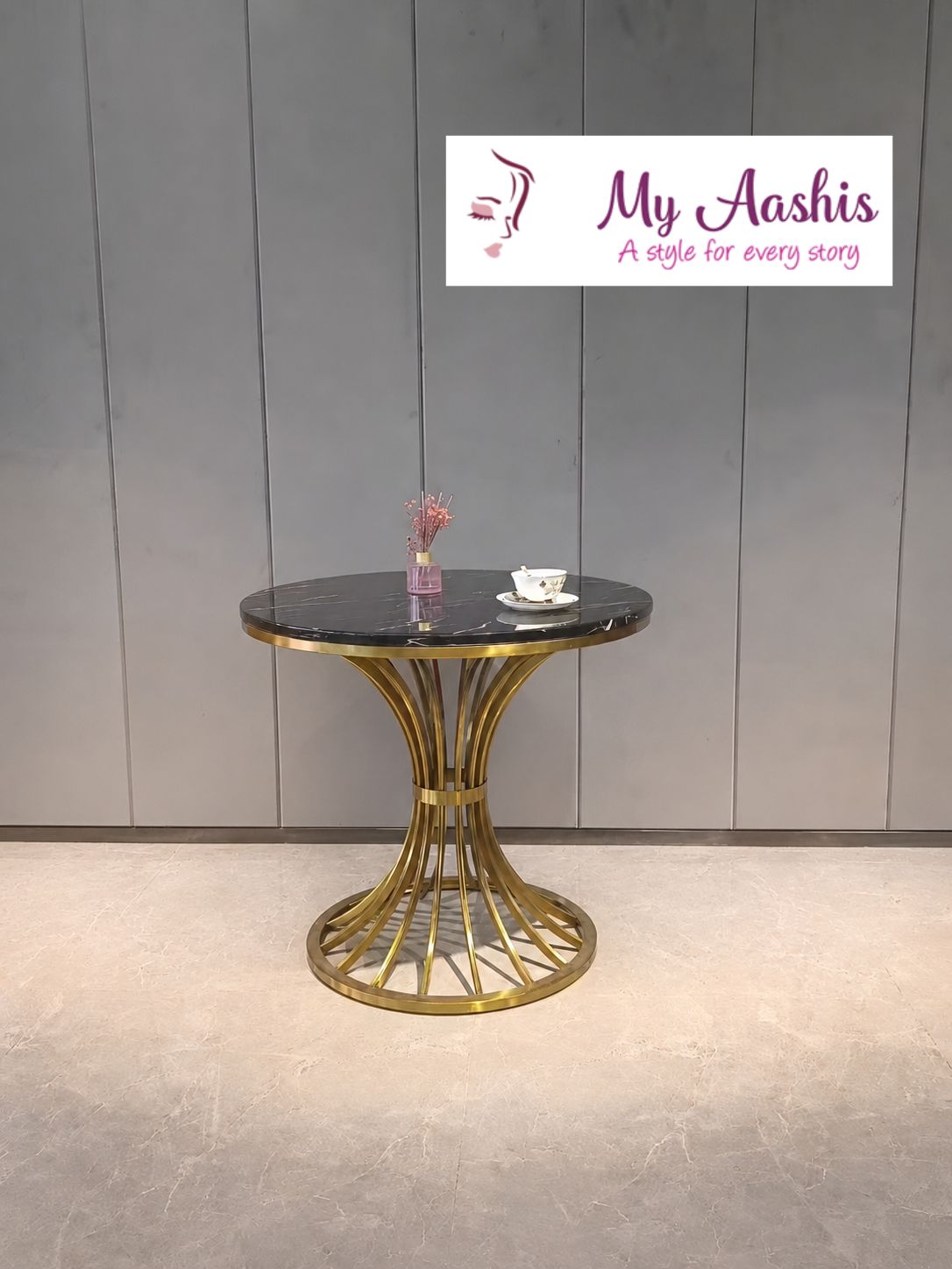 Unique Black With Golden Finish Round Marble Side Table / My Aashis