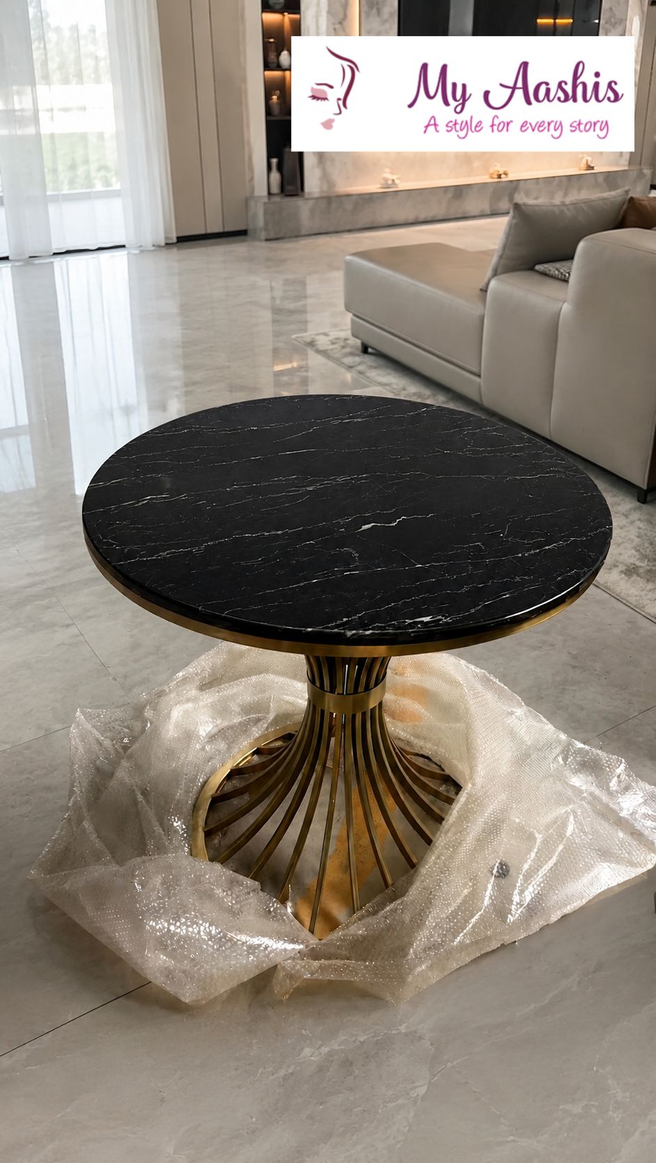 Unique Black With Golden Finish Round Marble Side Table / My Aashis