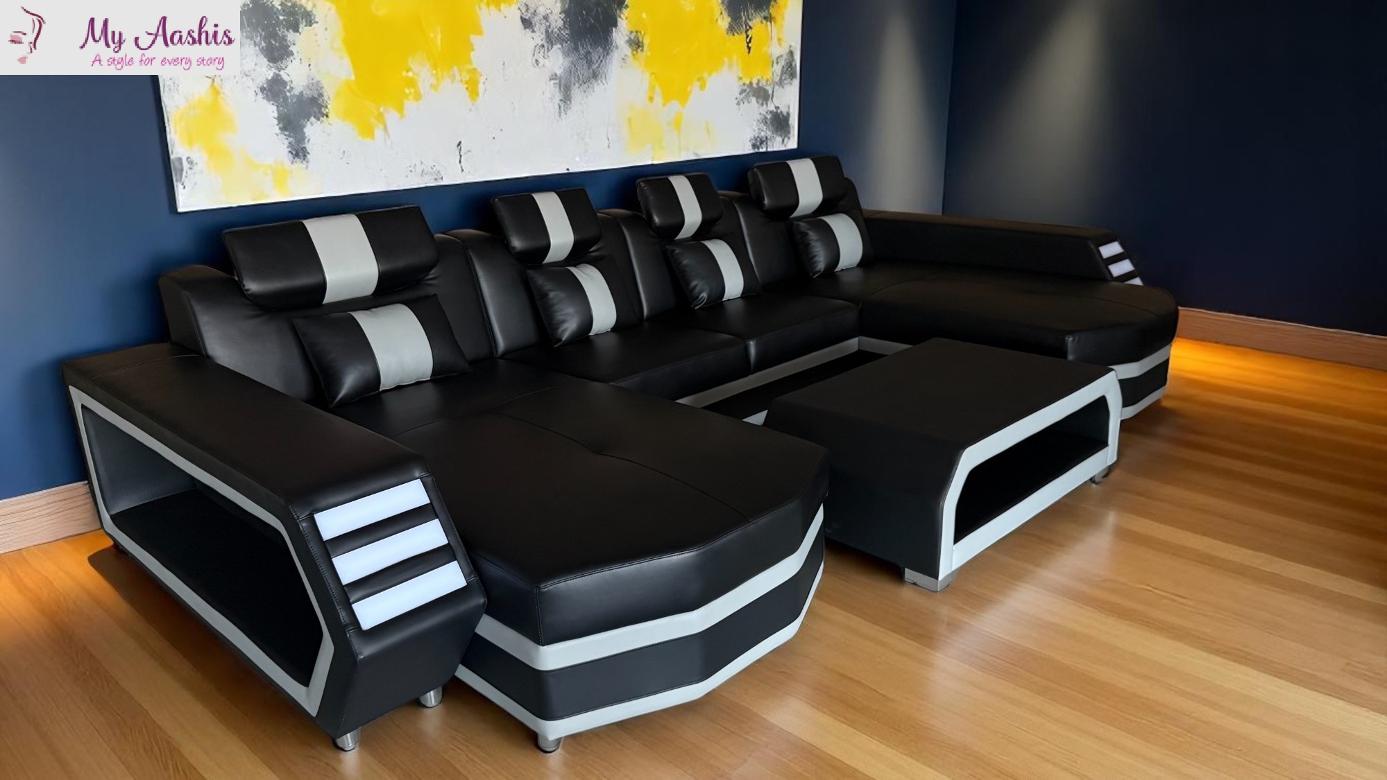 Double Chaise Leather LED Sectional Sofa / My Aashis