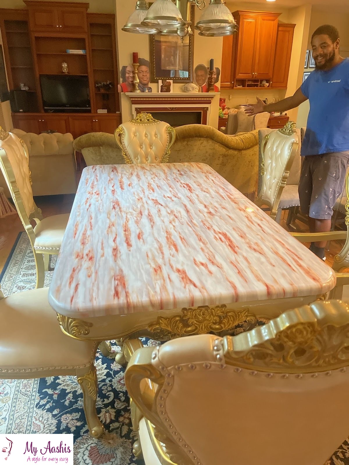 Champagne Gold Marble Square Dining Table Chair Set / My Aashis