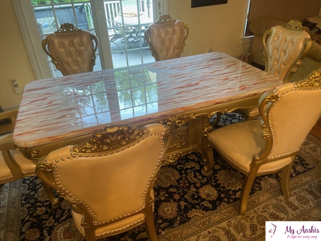 Champagne Gold Marble Square Dining Table Chair Set / My Aashis