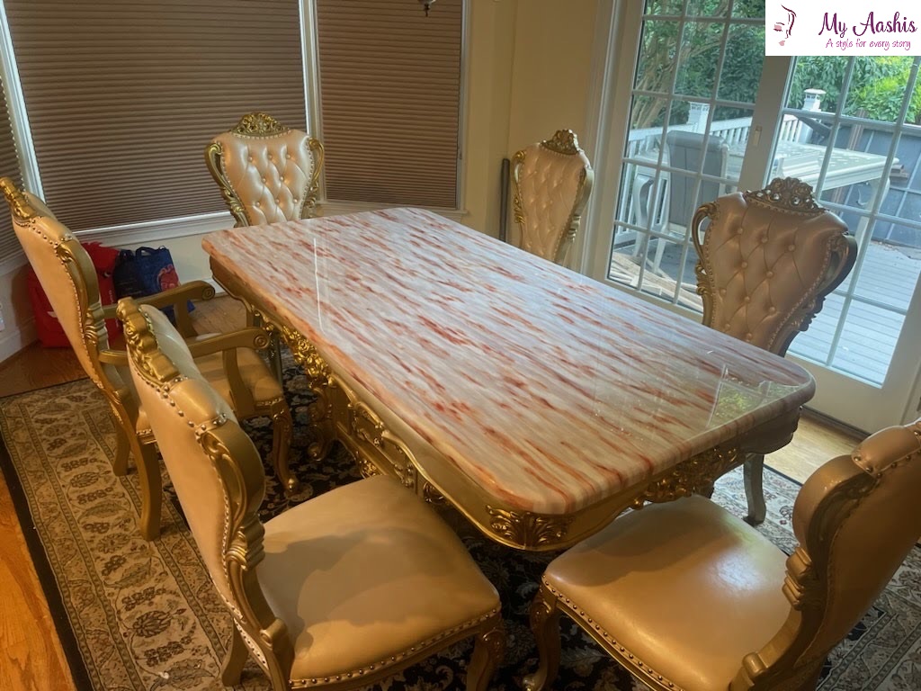 Champagne Gold Marble Square Dining Table Chair Set / My Aashis