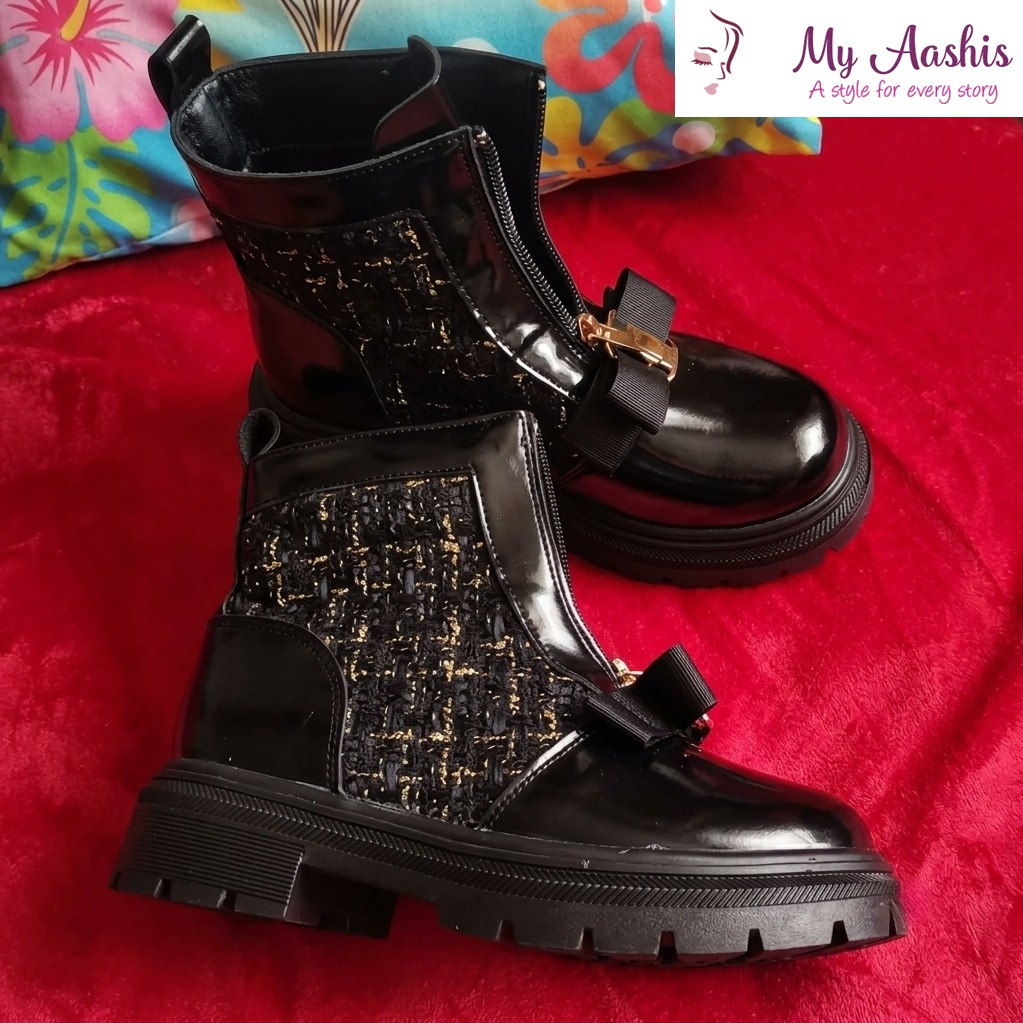 Black PU Leather Winter Boots For Kids / My Aashis