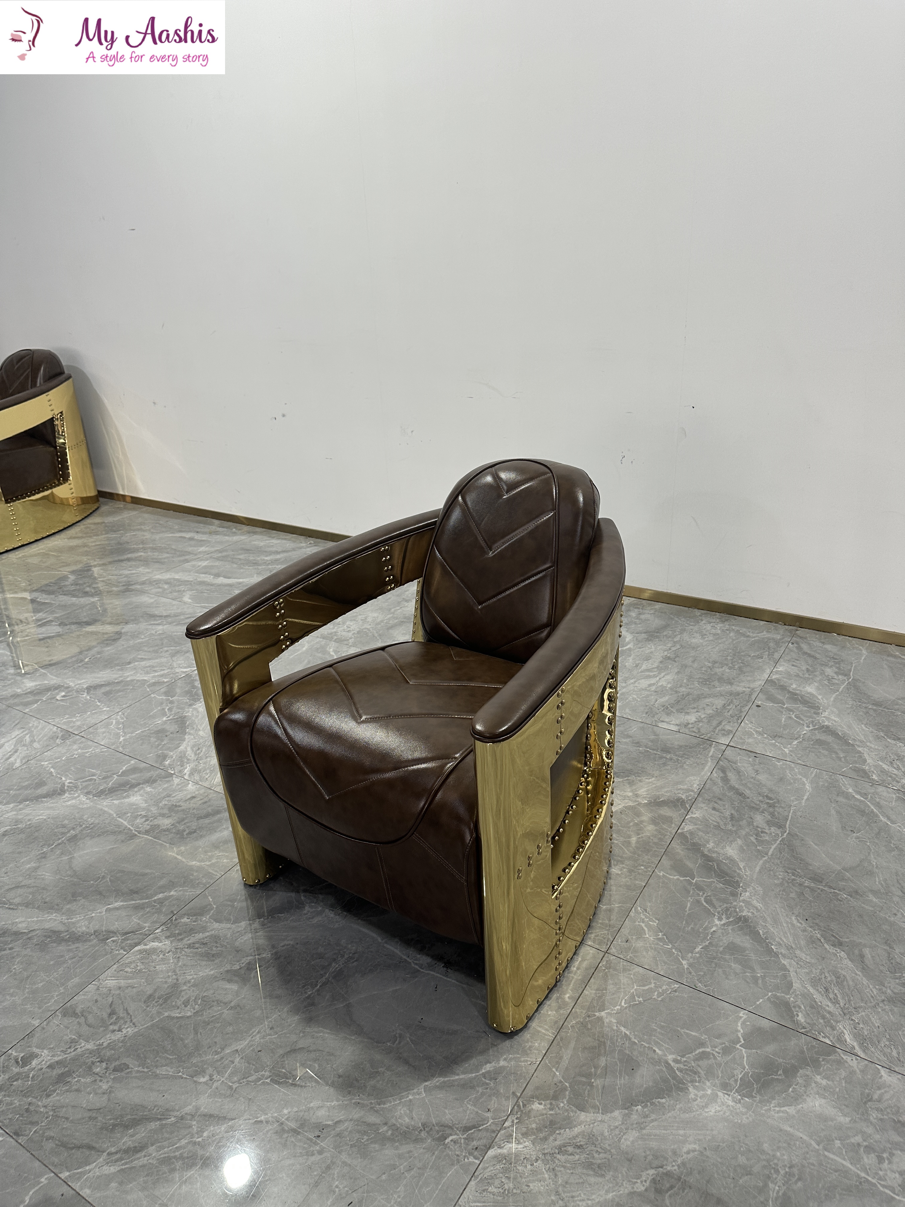 Signature Style Leather Chair With Golden Armrest / My Aashis