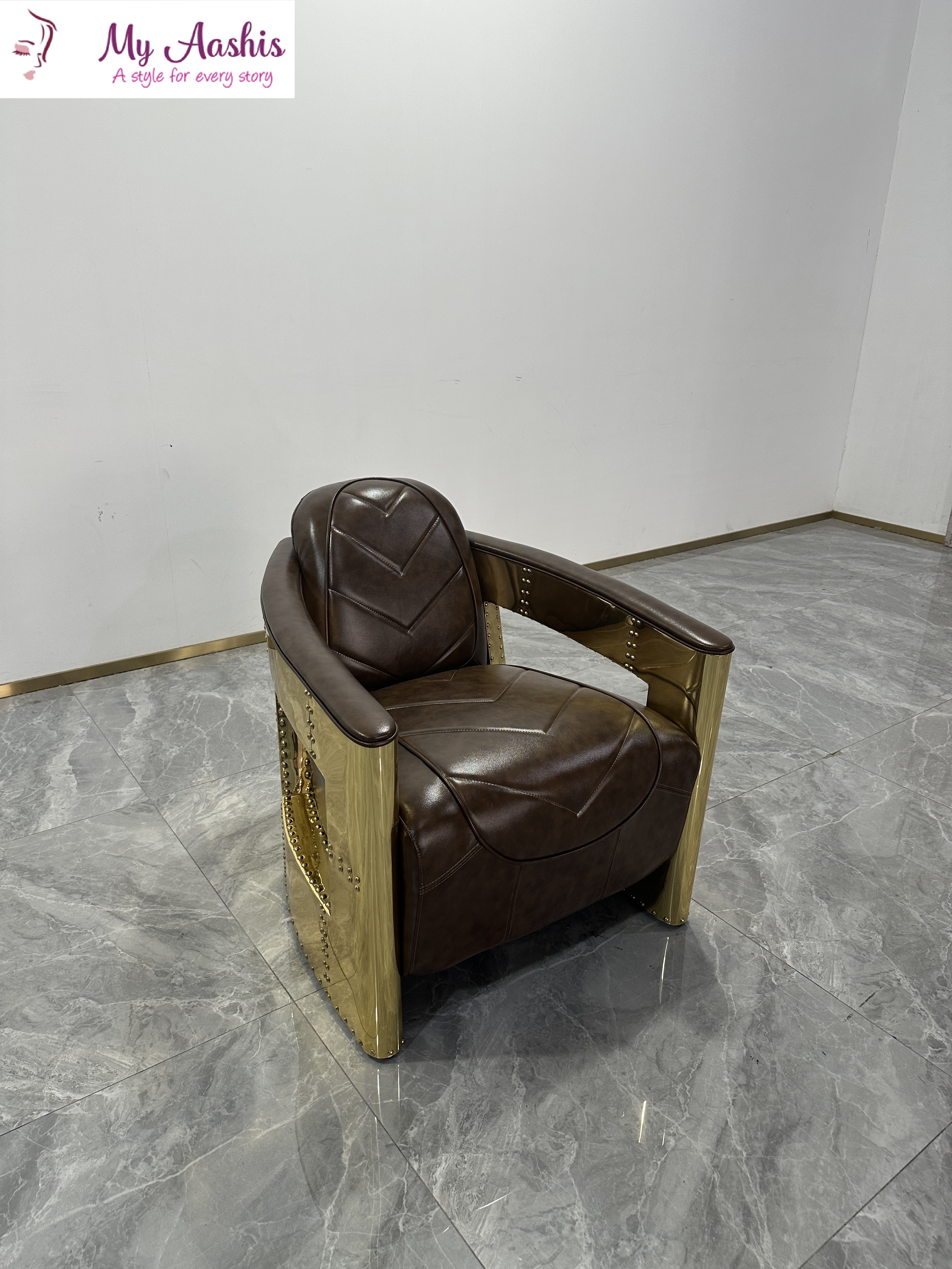 Signature Style Leather Chair With Golden Armrest / My Aashis