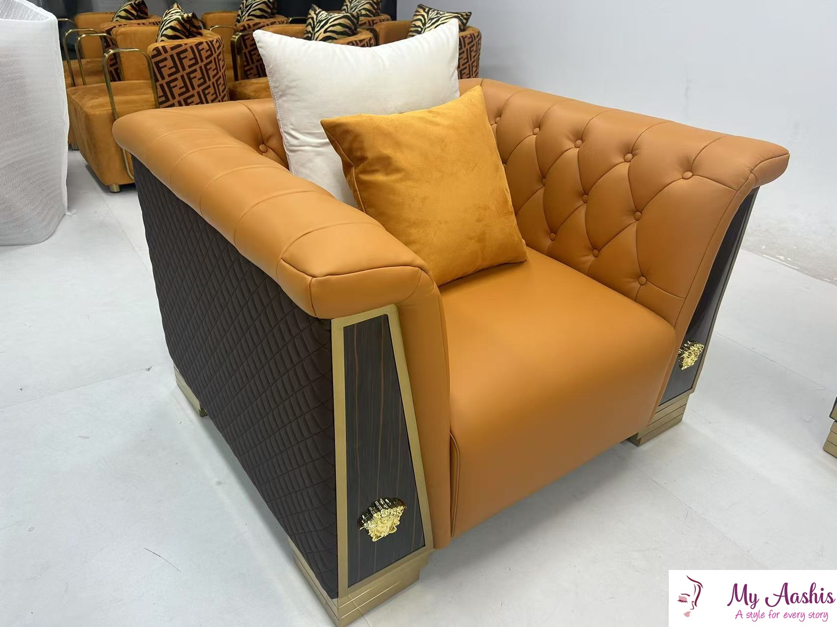 Button Tufted Dual Color Leather 1-2-3 Seater Sofa Set / My Aashis