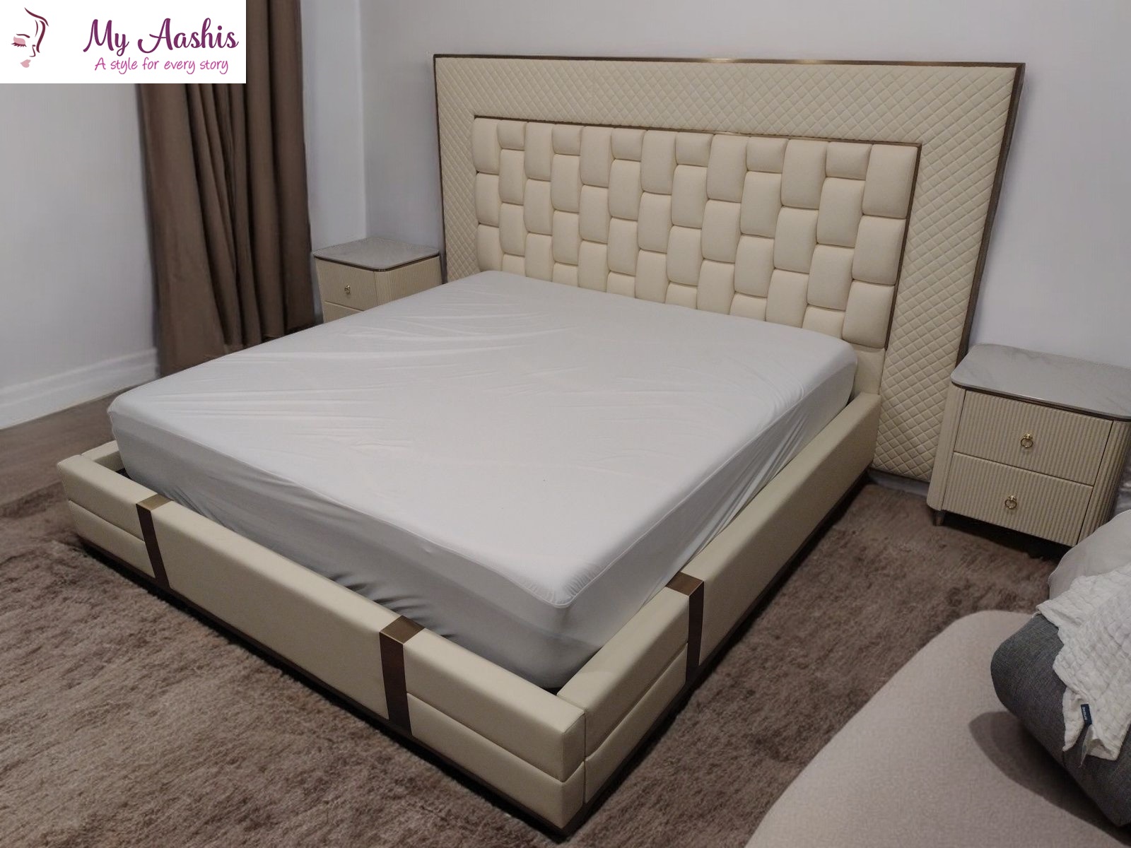 Modern Solid Wood Lightweight Leather Bed With Designer Back Rest / My Aashis