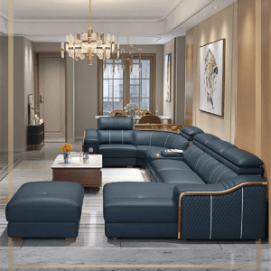 Navy Blue Minimalist Sectional Style Leather Sofa / My Aashis