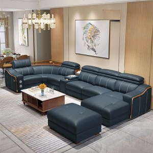 Blue Minimalist Sectional Style Leather Sofa / My Aashis