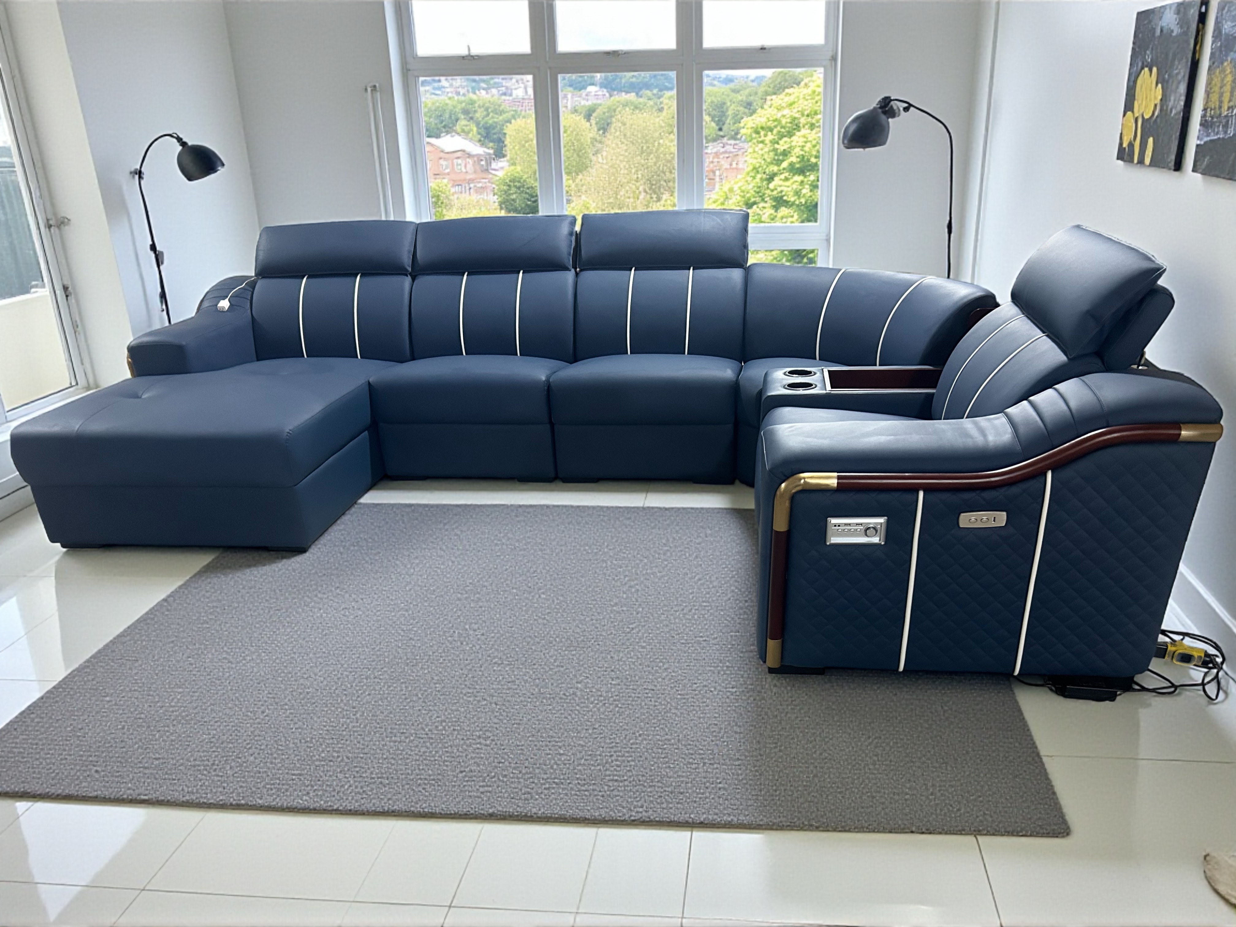 Blue Multifunctional Leather Sectional Sofa / My Aashis