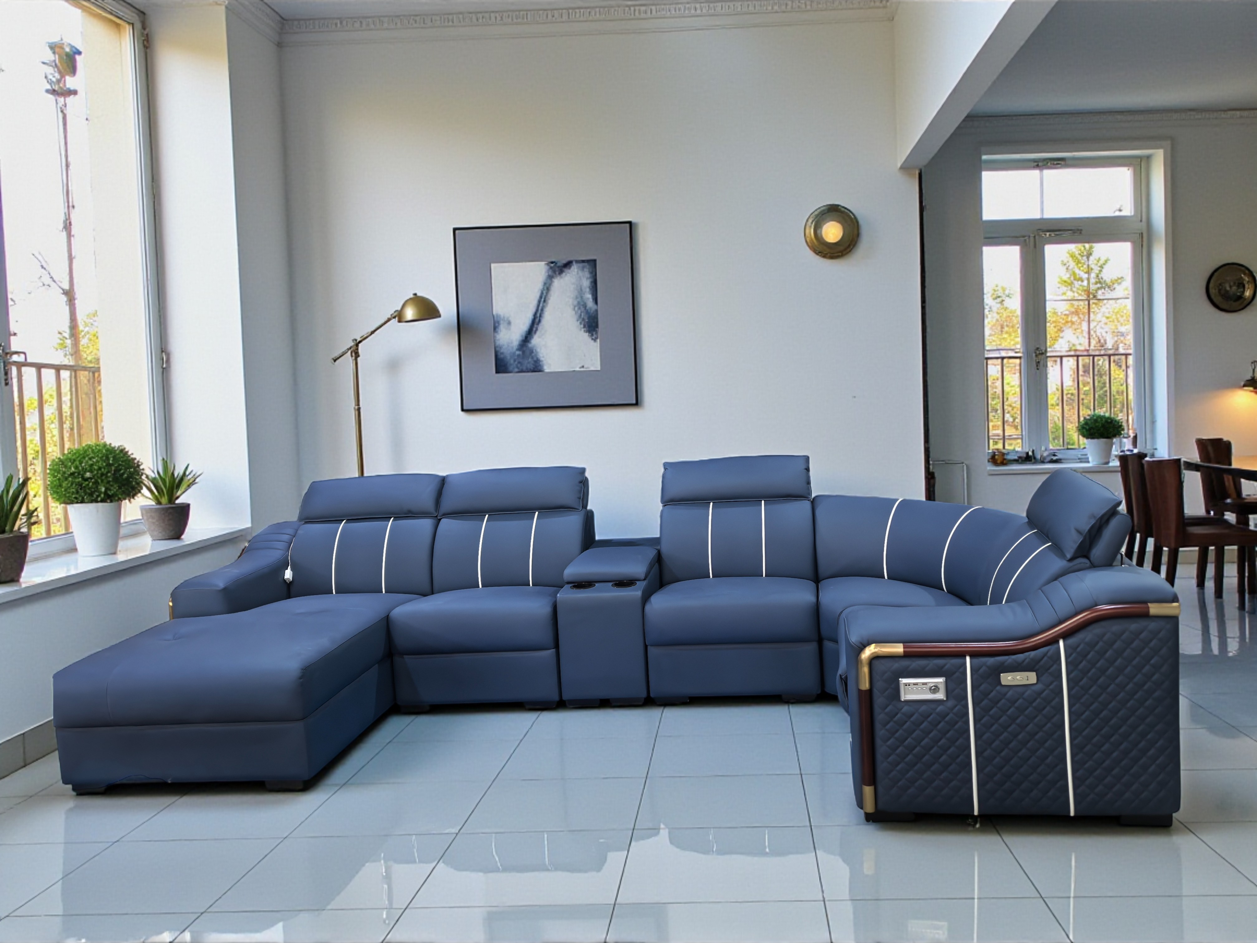 Blue Multifunctional Leather Sectional Sofa / My Aashis