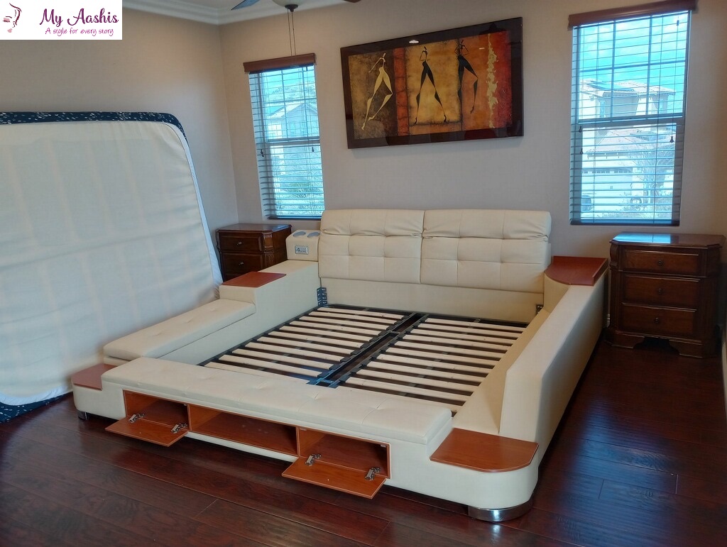 Multipurpose Smart Leather Bed With Adjustable Backrest / My Aashis