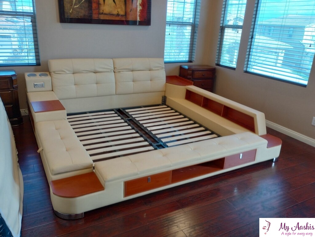 Multipurpose Smart Leather Bed With Adjustable Backrest / My Aashis