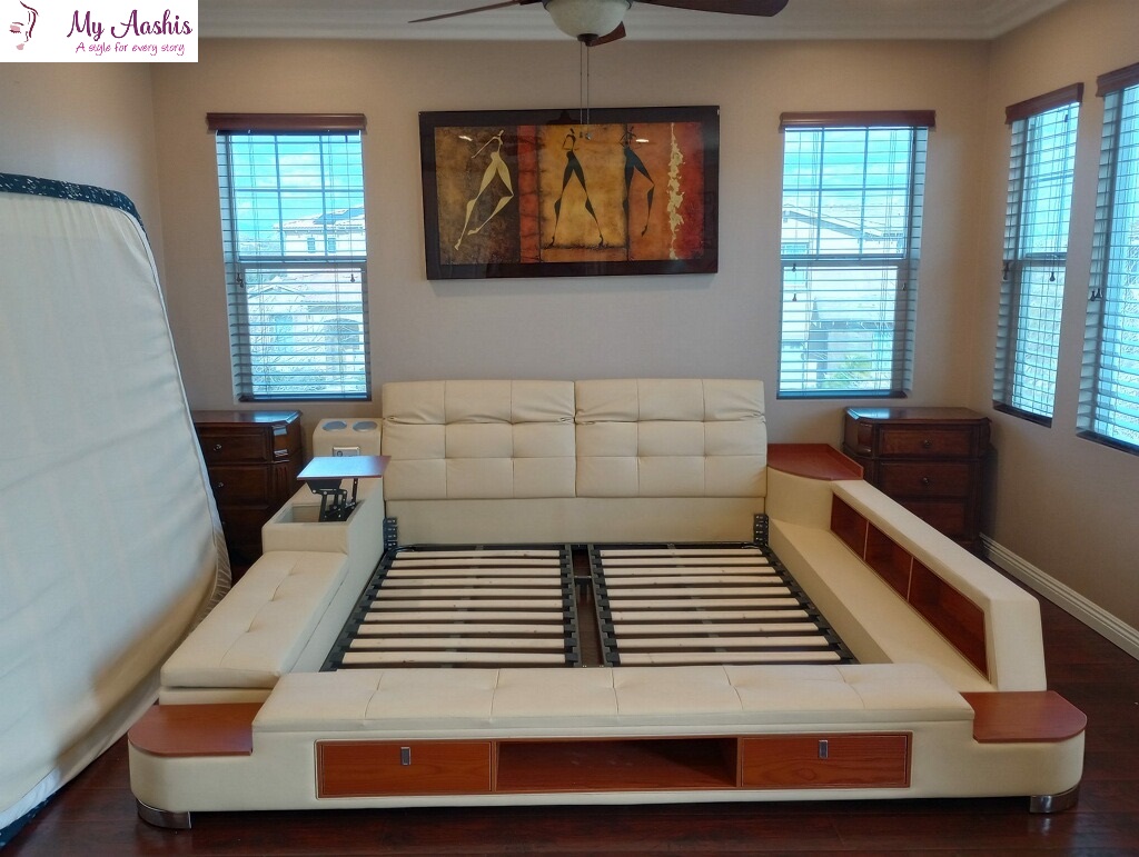 Multipurpose Smart Leather Bed With Adjustable Backrest / My Aashis