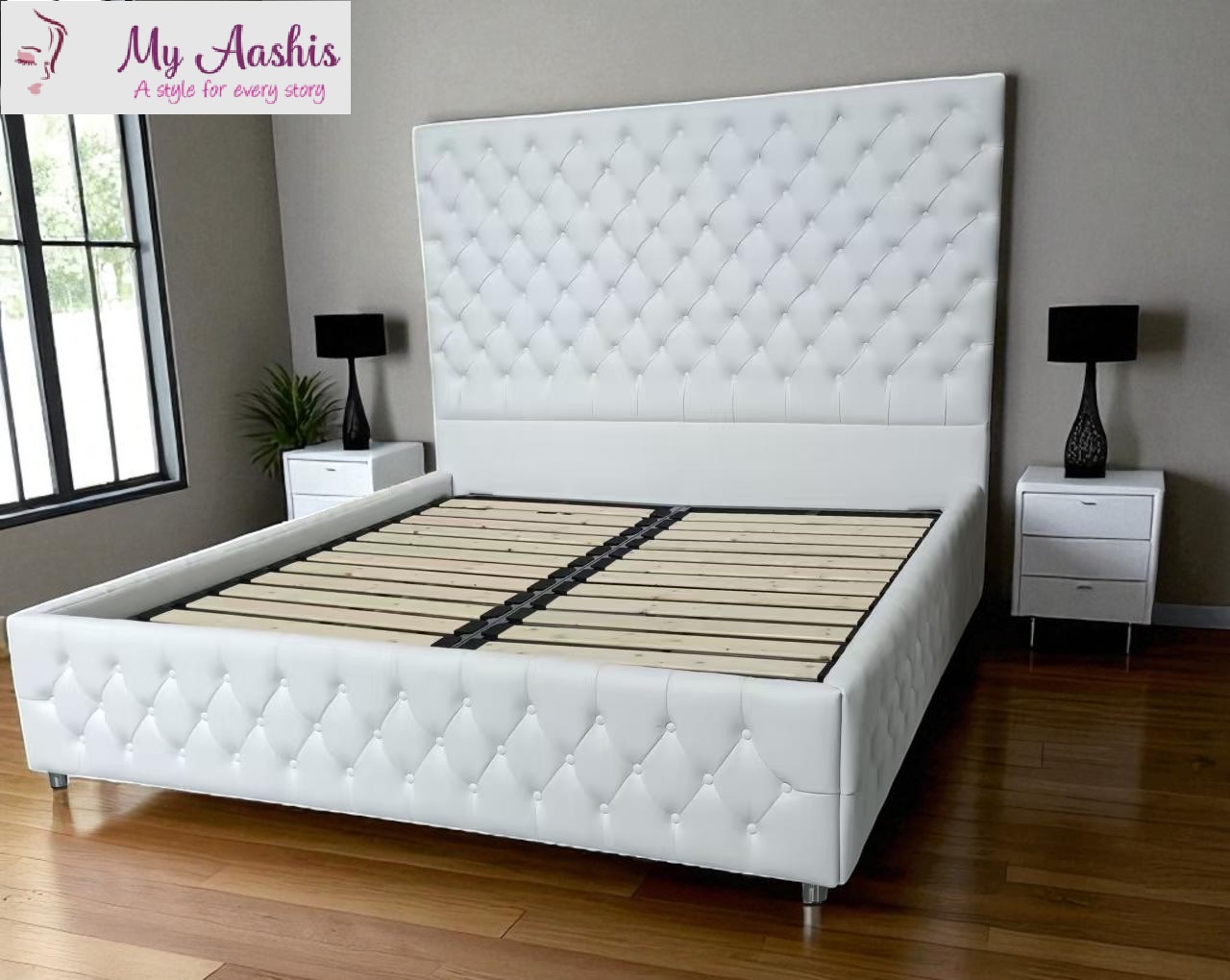 Modern Rectangular White Leather Bed / My Aashis