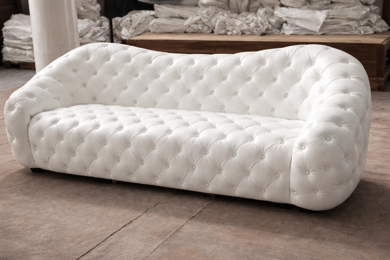 Button Tufted 3 Seater Leather Sofa / My Aashis