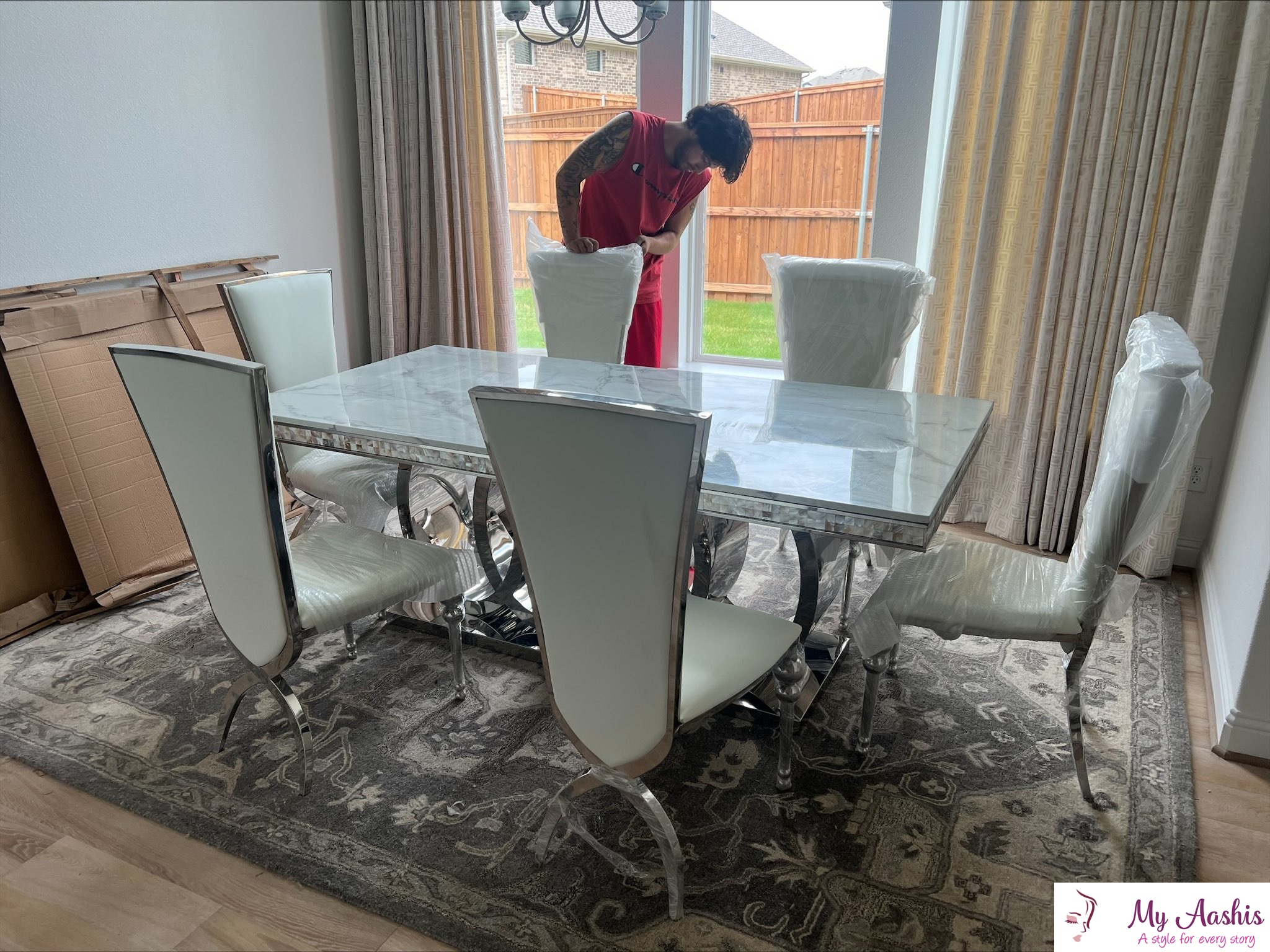 7 PCS Modern Marble Dining Table Set For Dining Decoration / My Aashis