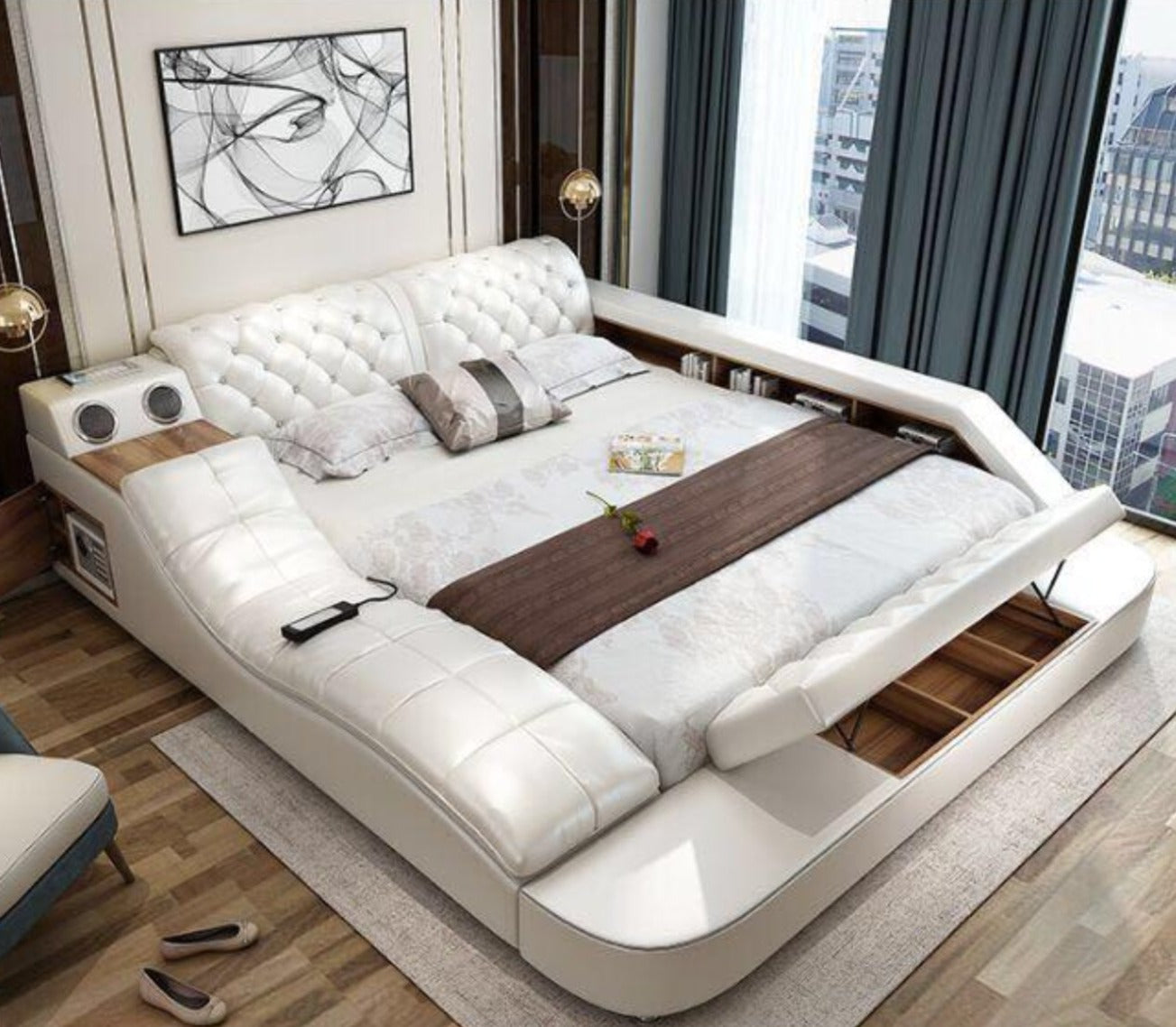 plannen Wiskundig landinwaarts Leather Bed With Storage Safe Speaker LED Light - Online Furniture Store -  My Aashis