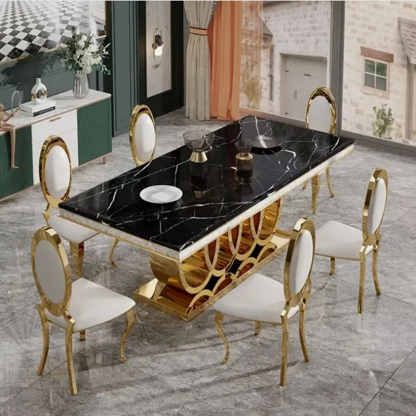 Black Marble Top Dining Table Set for Modern Homes