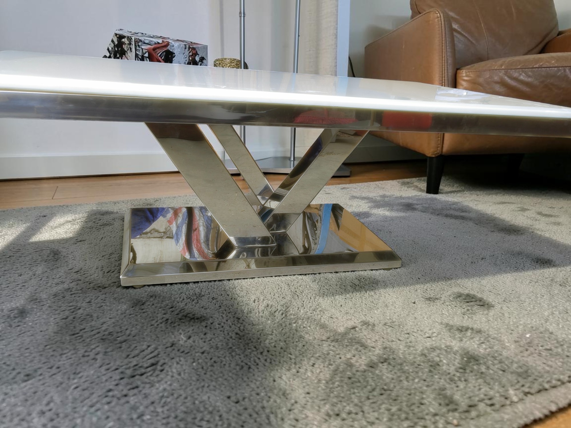Astonishing Glossy V Base Design Marble Top Coffee Table / My Aashis