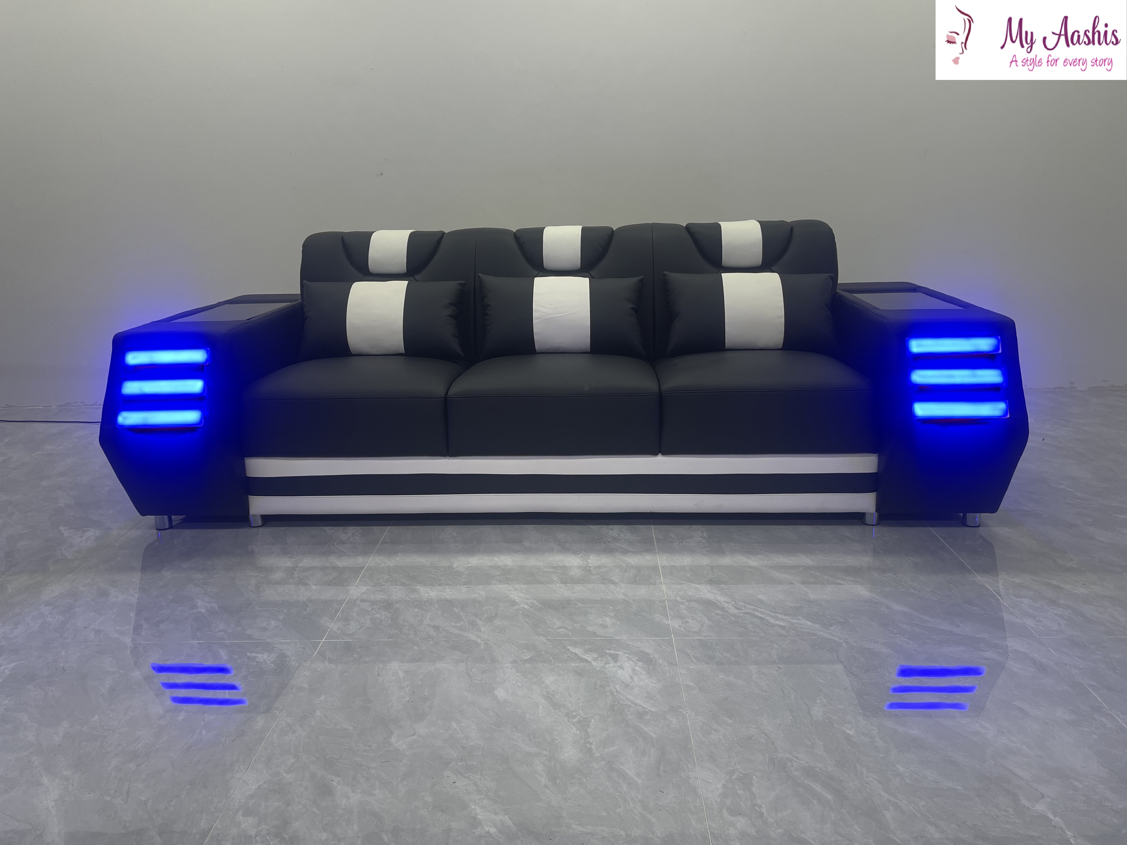 Rustic French Gilded Modern LED-Accent 1-2-3-Seater Black - White Leather Sofa Set / My Aashis