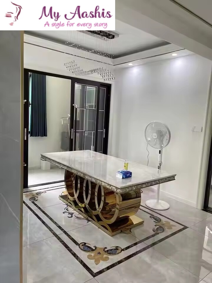 7 Pcs Elegant Designed Rectangular Marble Top Golden Dining Table With 6 Chairs / My Aashis