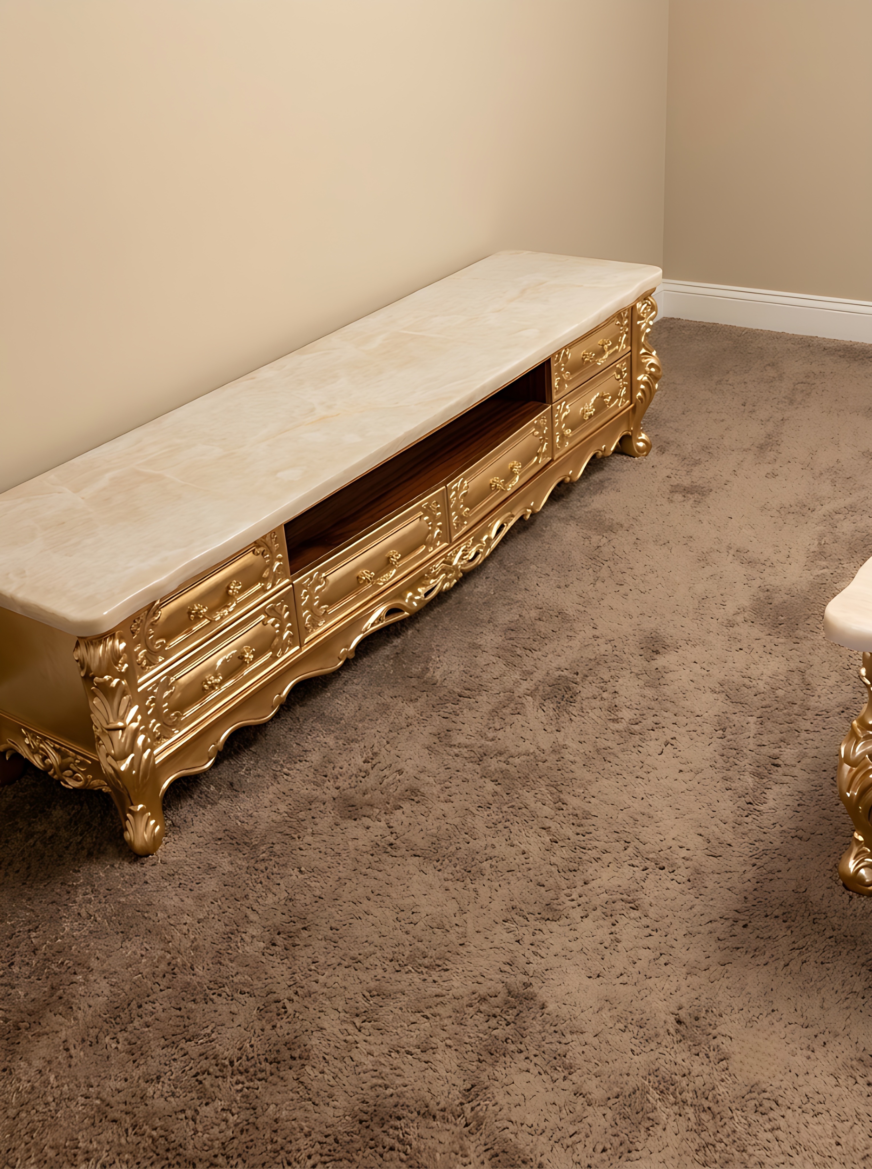 European Marble Top Wooden Carved TV Stand / My Aashis