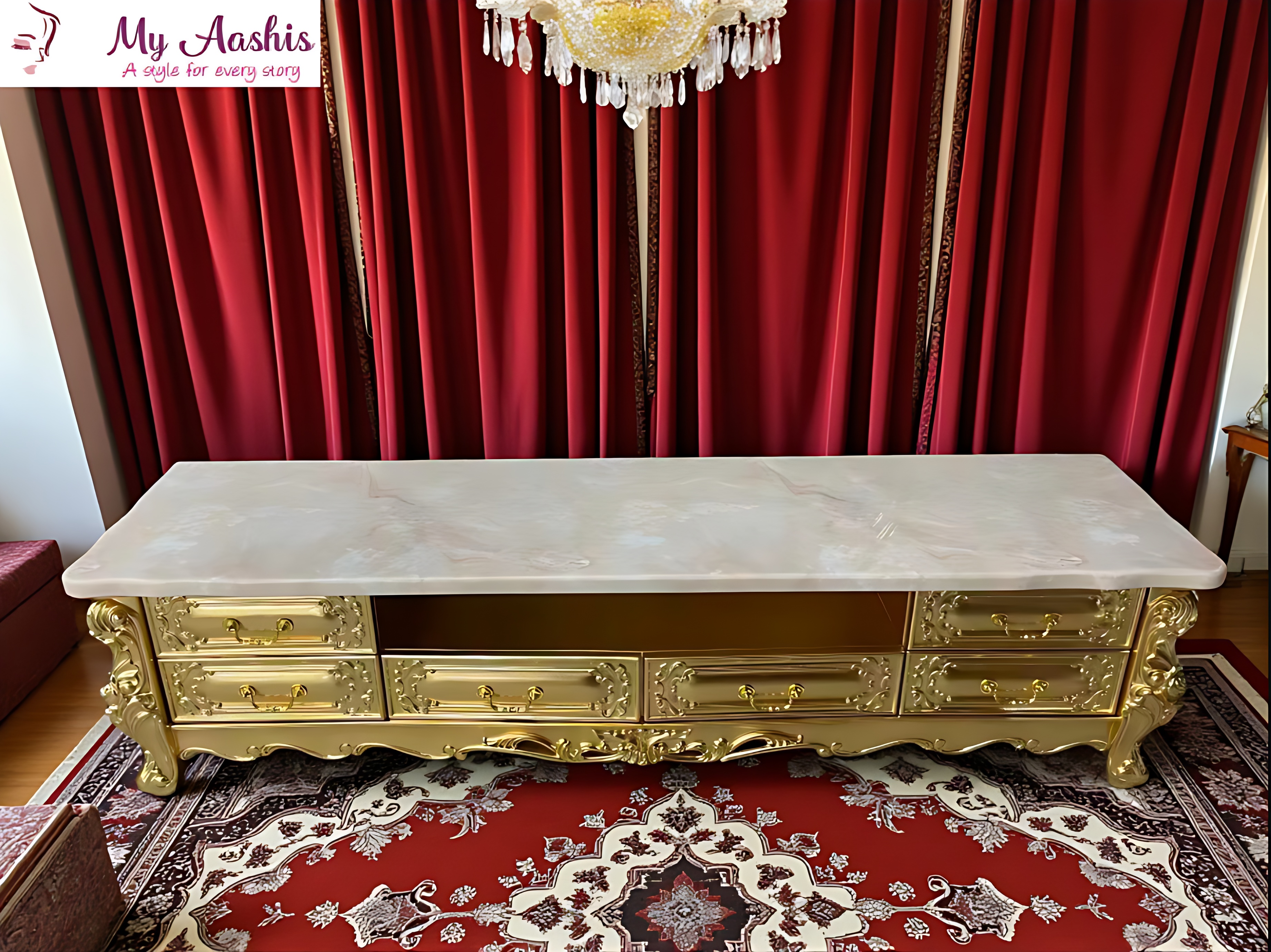 European Marble Top Wooden Carved TV Stand / My Aashis