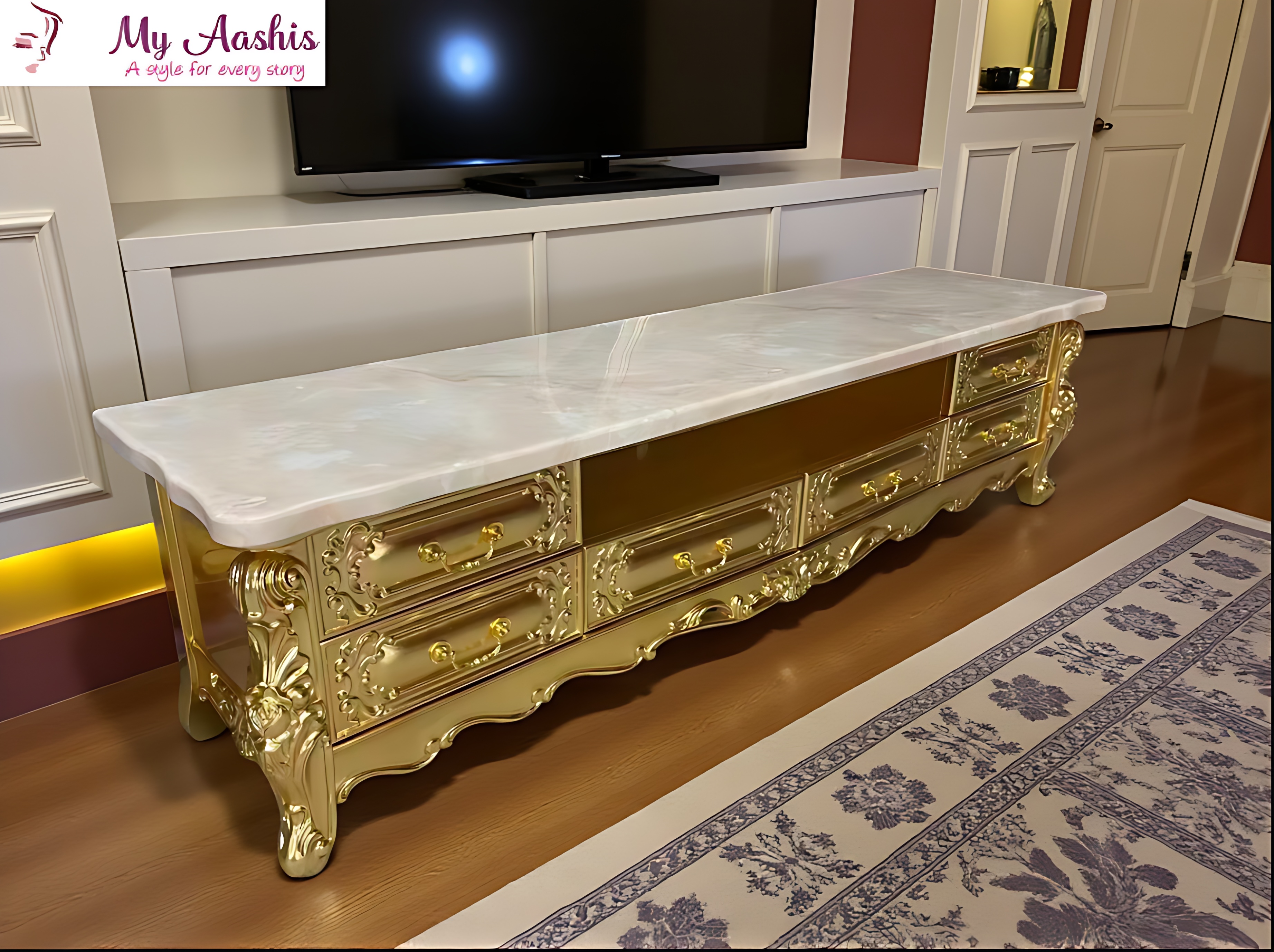 European Marble Top Wooden Carved TV Stand / My Aashis