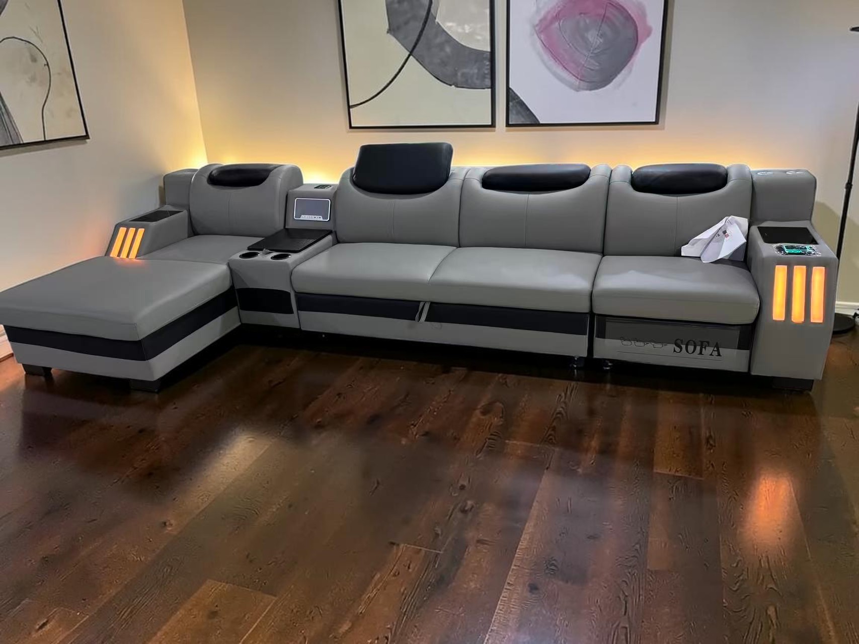 Power Recliner Leather Sectional LED Sofa Bed / My Aashis