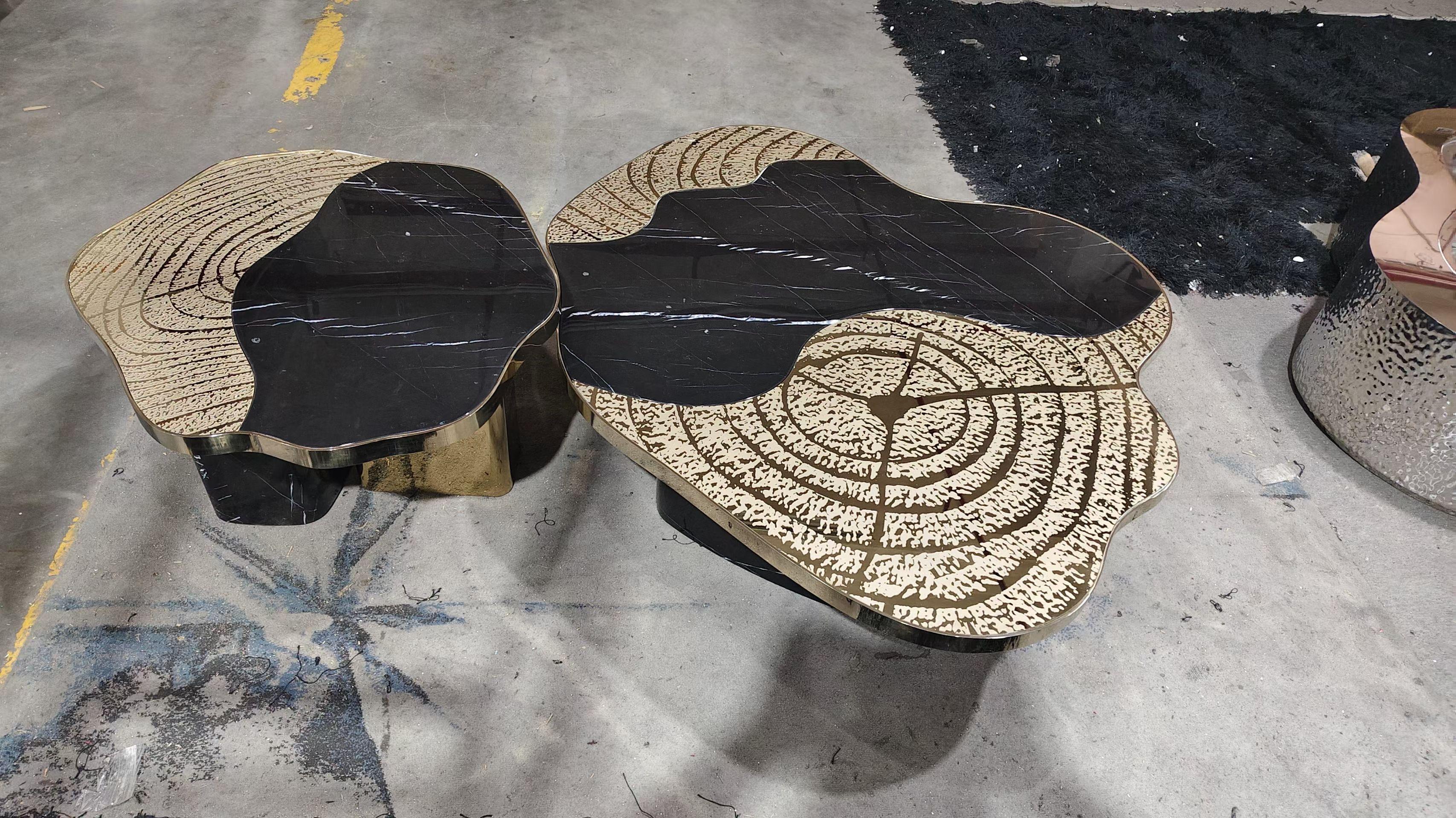 Unique Marble And Metal Textured Coffee Table Set / My Aashis