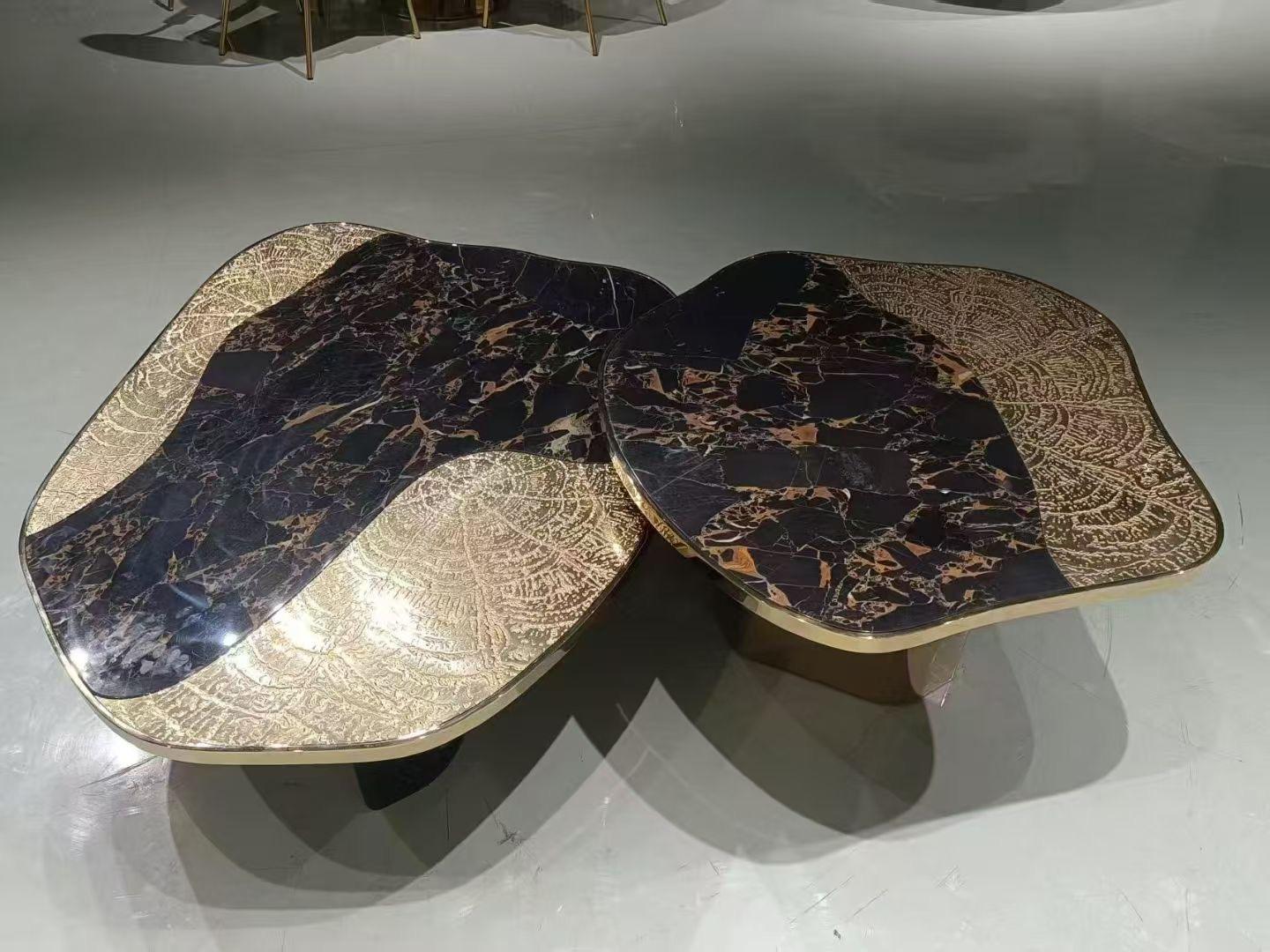 Unique Marble And Metal Textured Coffee Table Set / My Aashis