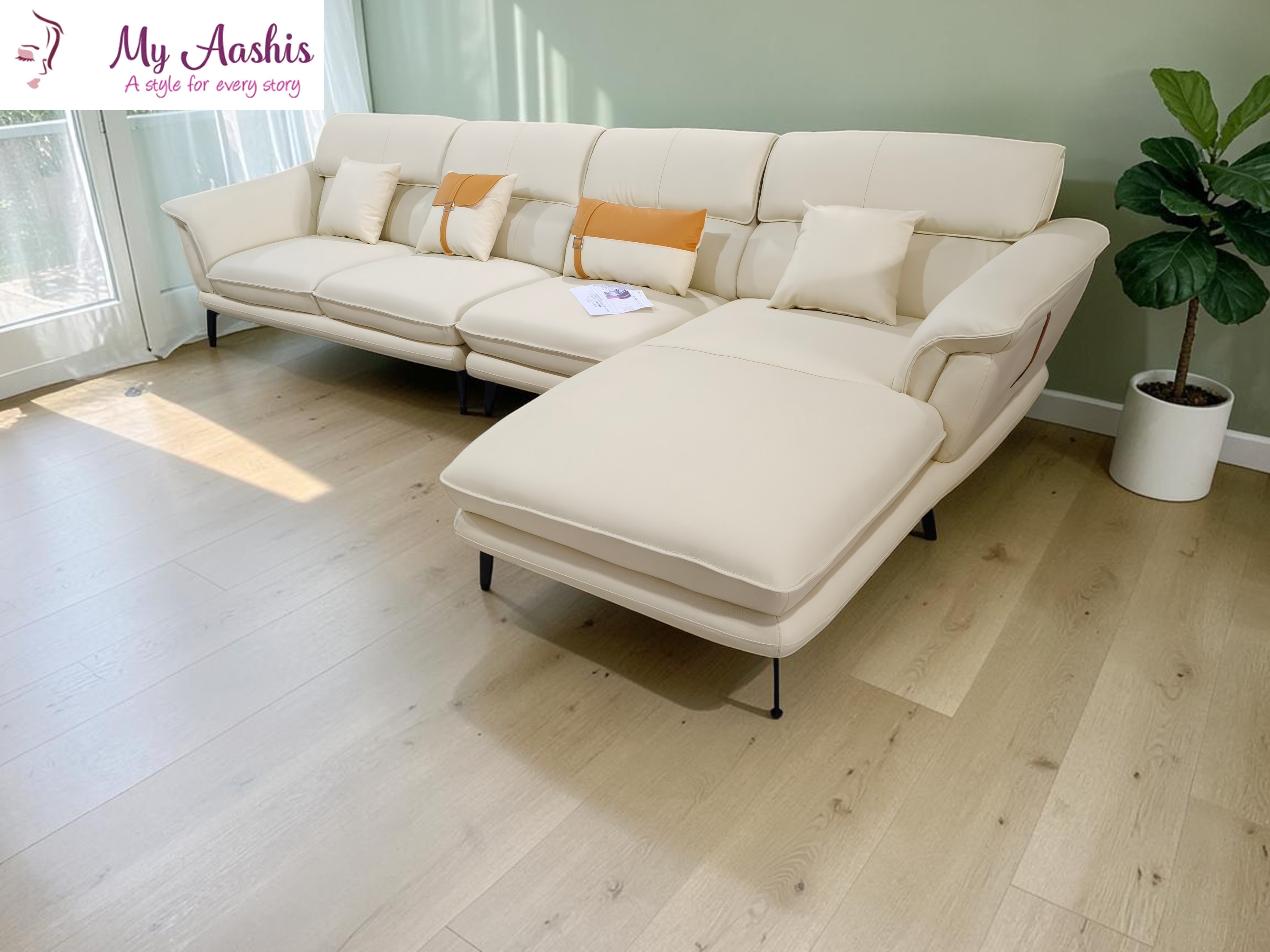 Genuine Leather Sectional Sofa in Beige Color / My Aashis